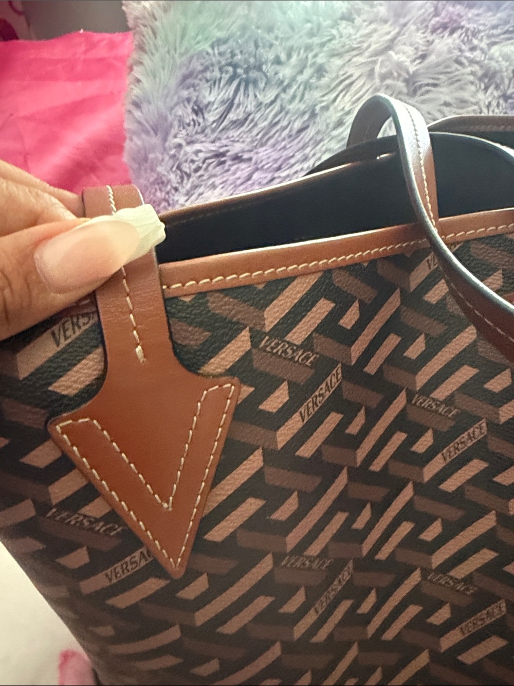 Versace Brown Tote with Neon Red Logo and Lime Accents - Picture 8 of 14